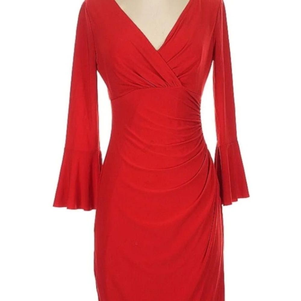 Lauren Ralph Lauren Red Wrap V-Neck Bell Sleeve Dress